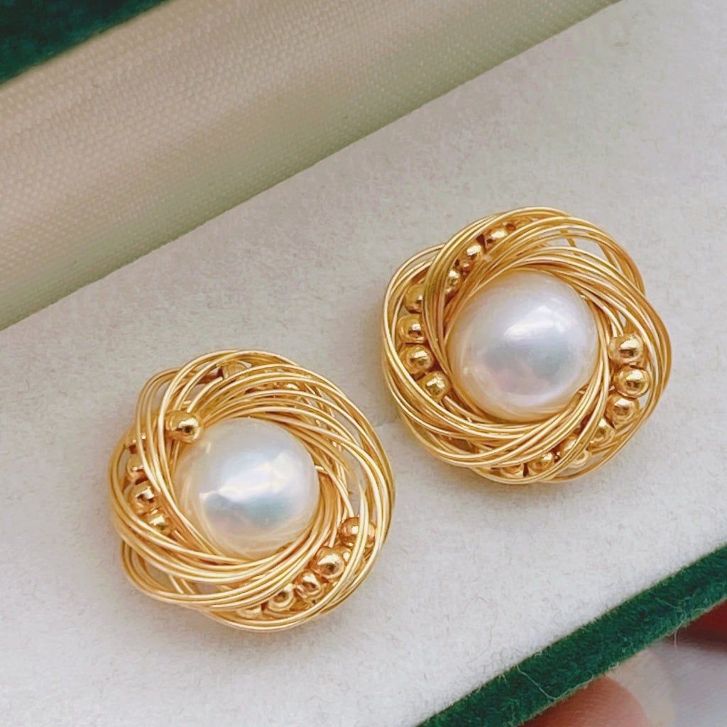 Bông Tai Ngọc Trai Tự Nhiên Dáng Tổ Chim 3D Thời Trang MADAME HIEN PEARLS BTN091
