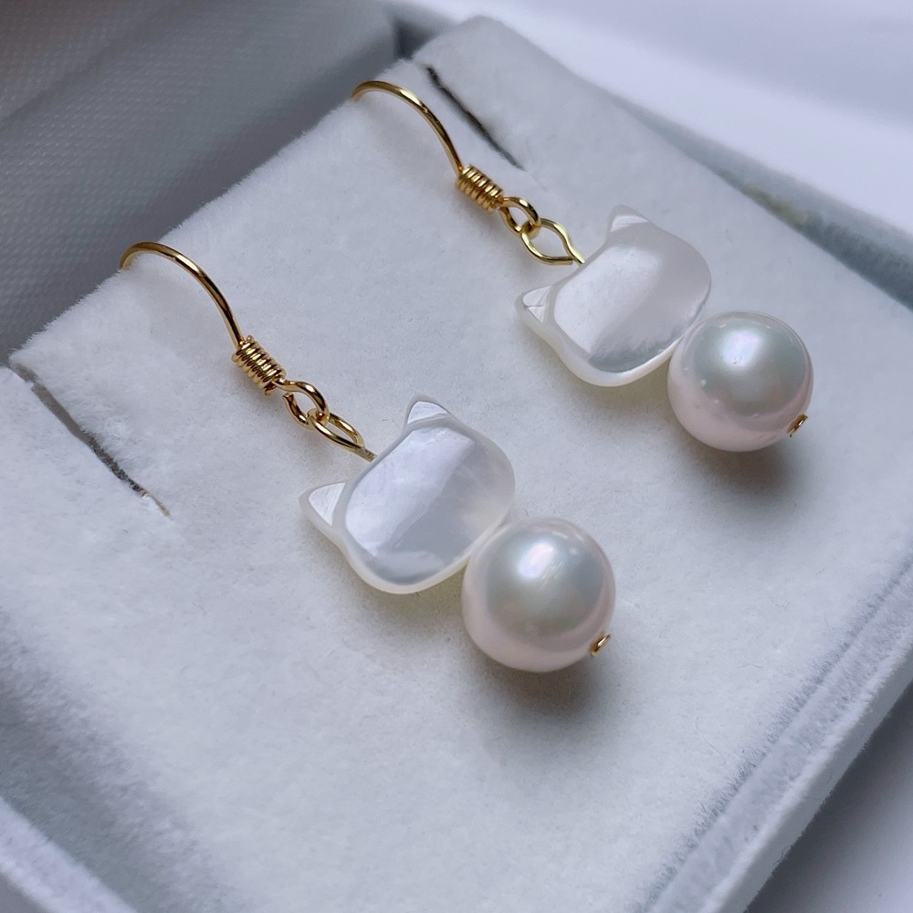 Bông Tai Ngọc Trai Tự Nhiên Dáng Mèo Vỏ Xà Cừ MADAME HIEN PEARLS Cho Nữ BTT106