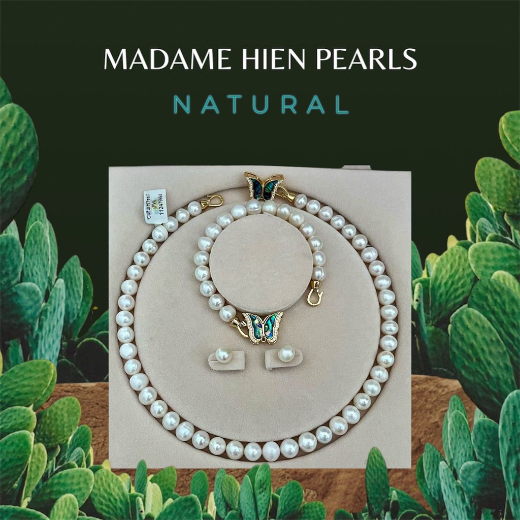 [Kèm kiểm định và Hộp] Bộ Set Ngọc Trai Vòng Cổ, Vòng Tay và Bông Tai Khoá Bướm Xanh Xà Cừ Tự Nhiên MADAME HIEN PEARLS Cho Nữ SCT030