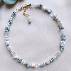 Vòng Cổ Ngọc Trai Phong Cách Bohemian Bãi Biển Aquamarine Phối Đá Sỏi Tự Nhiên MADAME HIEN PEARLS Unisex Nam Nữ CB033