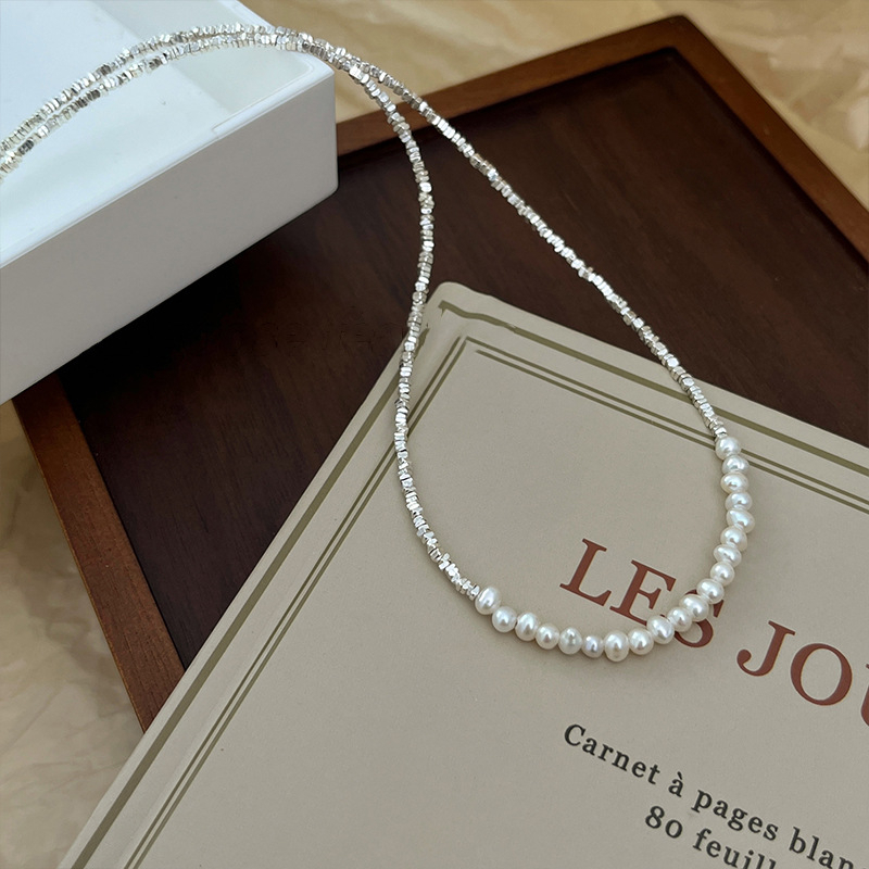 Vòng cổ ngọc trai nước ngọt tự nhiên cham bạc nhuyễn Unisex Nam Nữ CT011