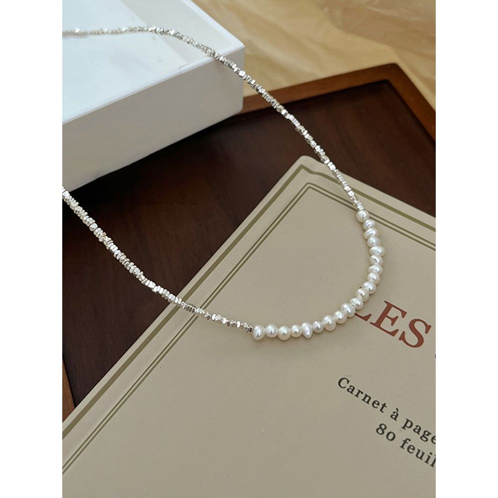 Vòng cổ ngọc trai nước ngọt tự nhiên cham bạc nhuyễn Unisex Nam Nữ CT011