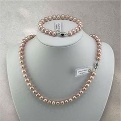[Kèm Kiểm Định] Set Bộ Trang Sức Ngọc Trai Hồng Tròn Tự Nhiên Hạt Đẹp 7-8mm Gồm Vòng cổ và Vòng Tay MADAME HIEN PEARLS