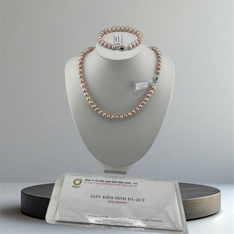 [Kèm Kiểm Định] Set Bộ Trang Sức Ngọc Trai Hồng Tròn Tự Nhiên Hạt Đẹp 7-8mm Gồm Vòng cổ và Vòng Tay MADAME HIEN PEARLS