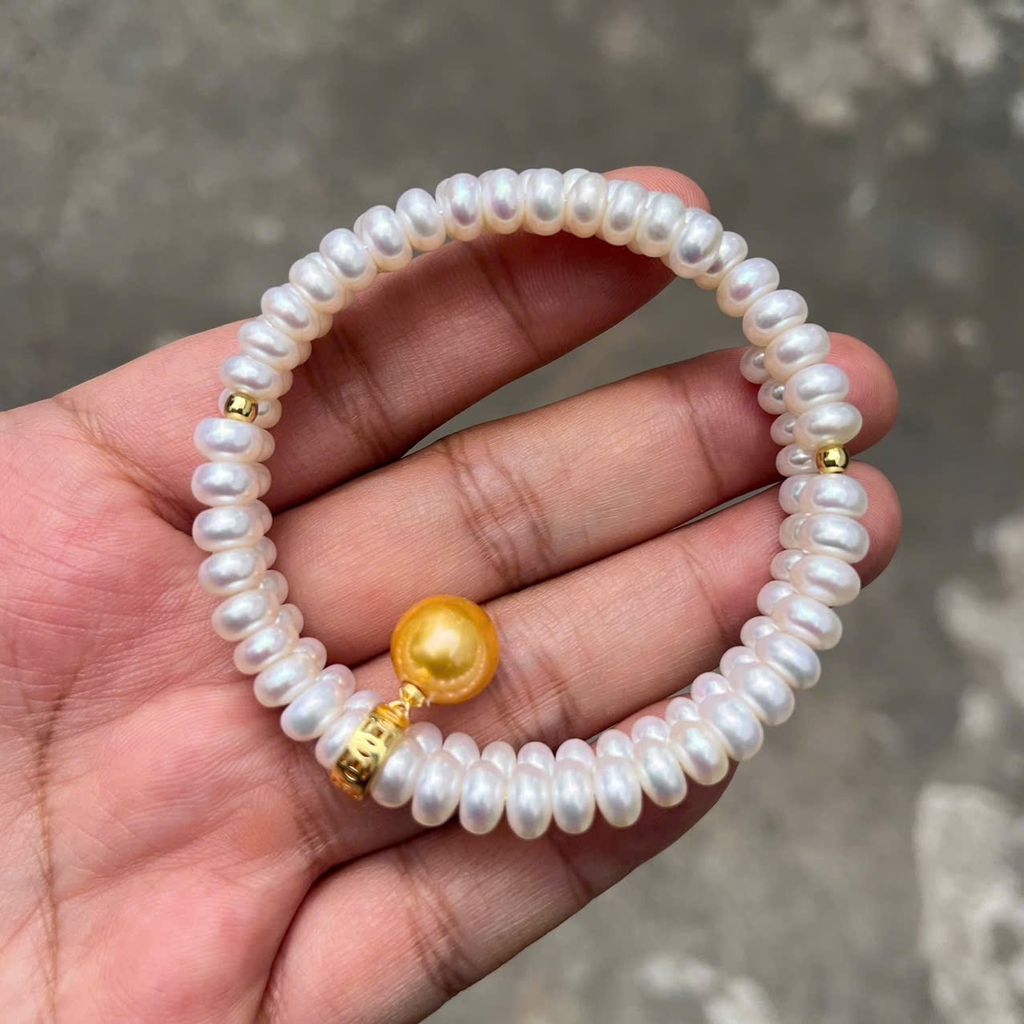 DESIGNER JEWELRY Vòng Tay Ngọc Trai Hạt Bắp VIP Điểm Bi Vàng Mặt Ngọc Trai 1 Hạt Vàng Sang Trọng MADAME HIEN PEARL Cho Nữ VTT120