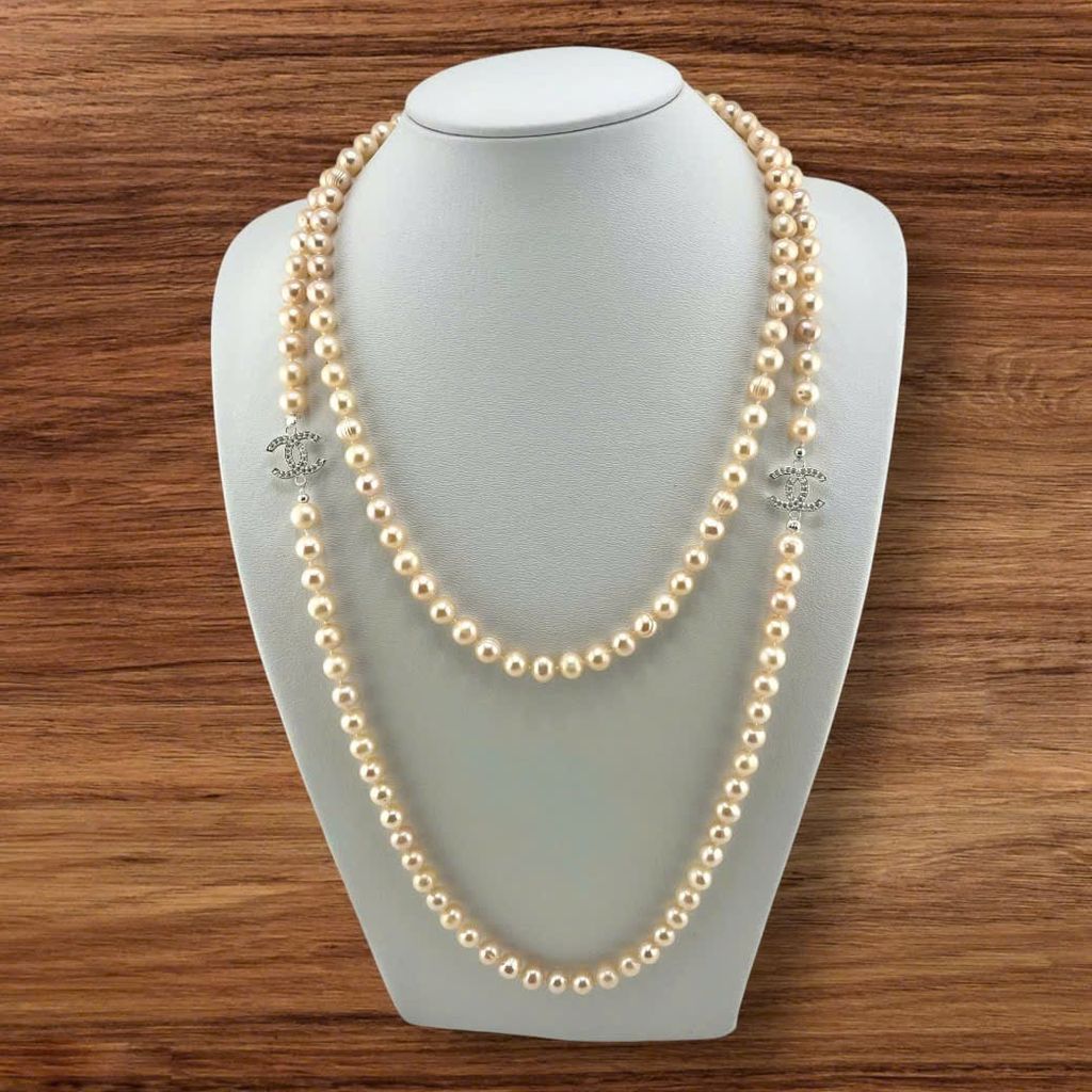 Vòng Cổ Ngọc Trai Hồng Hạt Tròn Tự Nhiên Dài 120cm Điểm 2 Khoá Bạc s925 Channel MADAME HIEN PEARLS CT040H