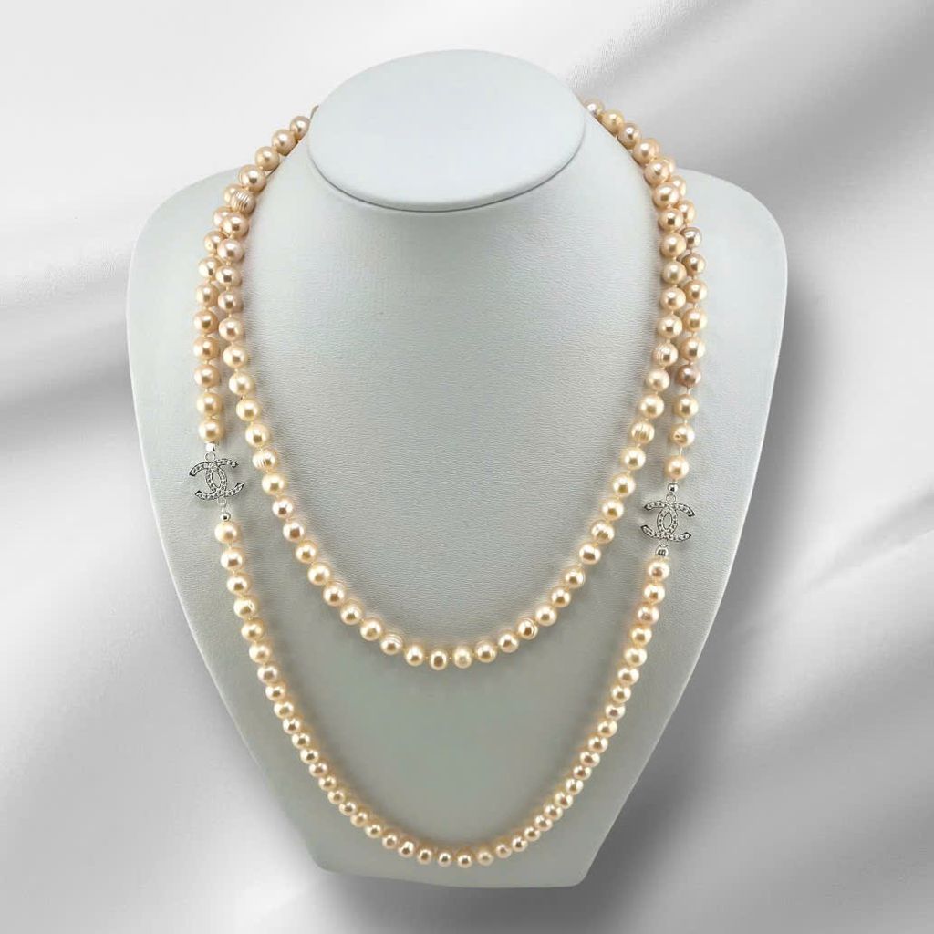 Vòng Cổ Ngọc Trai Hồng Hạt Tròn Tự Nhiên Dài 120cm Điểm 2 Khoá Bạc s925 Channel MADAME HIEN PEARLS CT040H