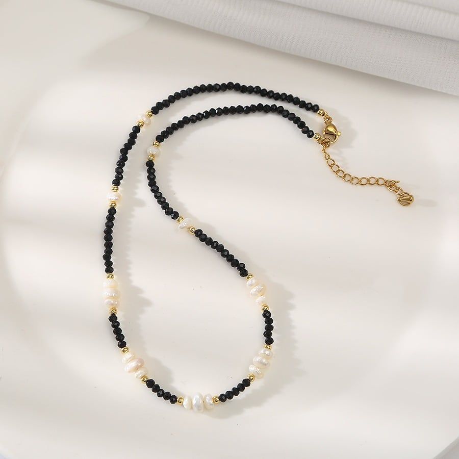 Bộ Set Vòng Cổ Và Vòng Tay Pha Lê Đen Phối Ngọc Trai Nhí Kiểu Dáng Spinel MADAME HIEN PEARLS Unisex Nam Nữ SPS083