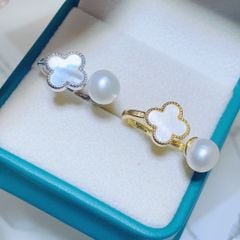 Bộ Set Ngọc Trai Vòng cổ, Nhẫn và Bông Tai Bộ Trang Sức Ngọc Trai Tự Nhiên Khung Cỏ 4 Lá Van Cleef Hoạ Tiết LV Trắng Sang Trọng MADAME HIEN PEARLS Cho Nữ SPS108