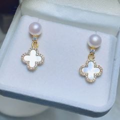 Bộ Set Ngọc Trai Vòng cổ, Nhẫn và Bông Tai Bộ Trang Sức Ngọc Trai Tự Nhiên Khung Cỏ 4 Lá Van Cleef Hoạ Tiết LV Trắng Sang Trọng MADAME HIEN PEARLS Cho Nữ SPS108
