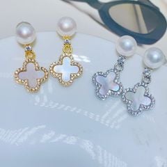Bộ Set Ngọc Trai Vòng cổ, Nhẫn và Bông Tai Bộ Trang Sức Ngọc Trai Tự Nhiên Khung Cỏ 4 Lá Van Cleef Hoạ Tiết LV Trắng Sang Trọng MADAME HIEN PEARLS Cho Nữ SPS108