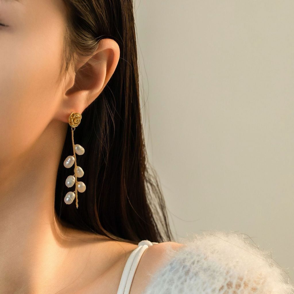 Bông Tai Ngọc Trai Tự Nhiên Tua Rua Nhánh Hoa Hồng Đính 6 Hạt Ngọc Trai Tự Nhiên MADAME HIEN PEARLS Thời Trang Nữ BTG102