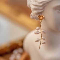 Bông Tai Ngọc Trai Tự Nhiên Tua Rua Nhánh Hoa Hồng Đính 6 Hạt Ngọc Trai Tự Nhiên MADAME HIEN PEARLS Thời Trang Nữ BTG102