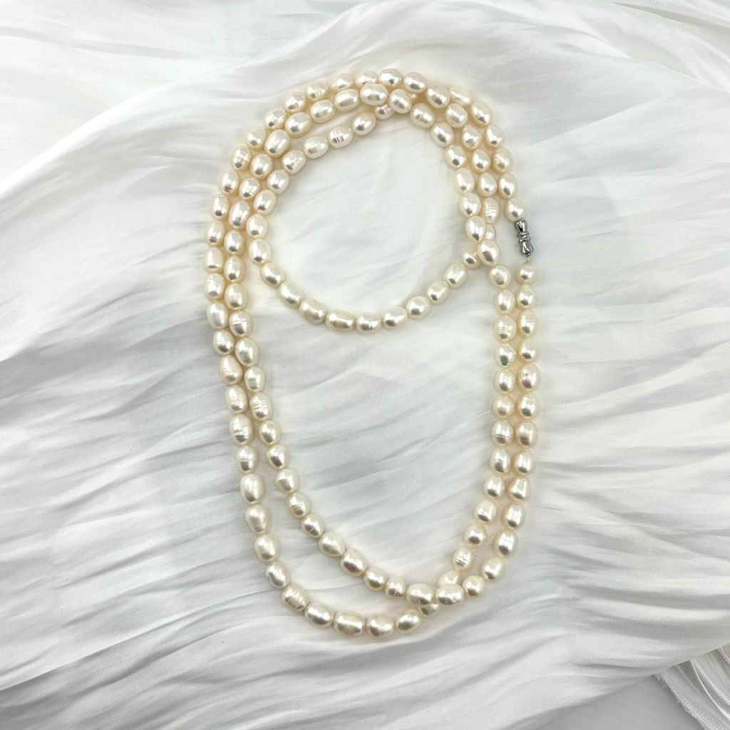 Vòng Cổ Ngọc Trai 8-10mm Hạt Gạo Tự Nhiên Dài 120cm MADAME HIEN PEARLS CG050