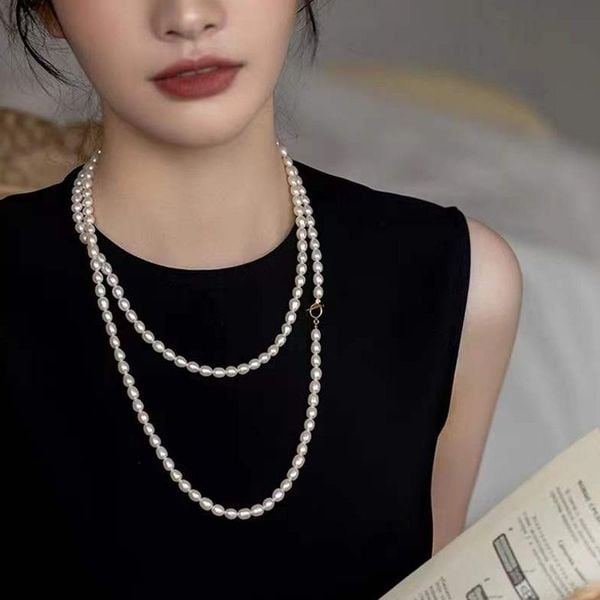 Vòng Cổ Ngọc Trai Dài Hạt Gạo 7-8mm Khoá OT Đeo Nhiều Kiểu MADAME HIEN PEARLS CG054