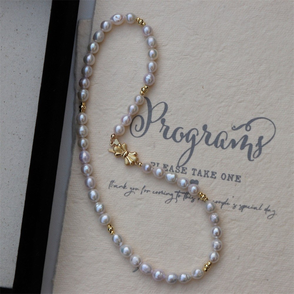 Vòng Cổ Ngọc Trai Hạt Gạo 7-8mm Phối Bi Khoá Nơ Bướm MADAME HIEN PEARLS Đáng Yêu Cho Nữ CG059