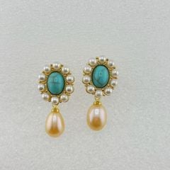 Bông Tai Ngọc Trai Tự Nhiên Mặt Turquoise Cổ Điển Viền Ngọc Trai Phong Cách Phương Đông Đính Tua Rua Hạt Ngọc Trai Giọt Nước Tự Nhiên MADAME HIEN PEARLS BTG091