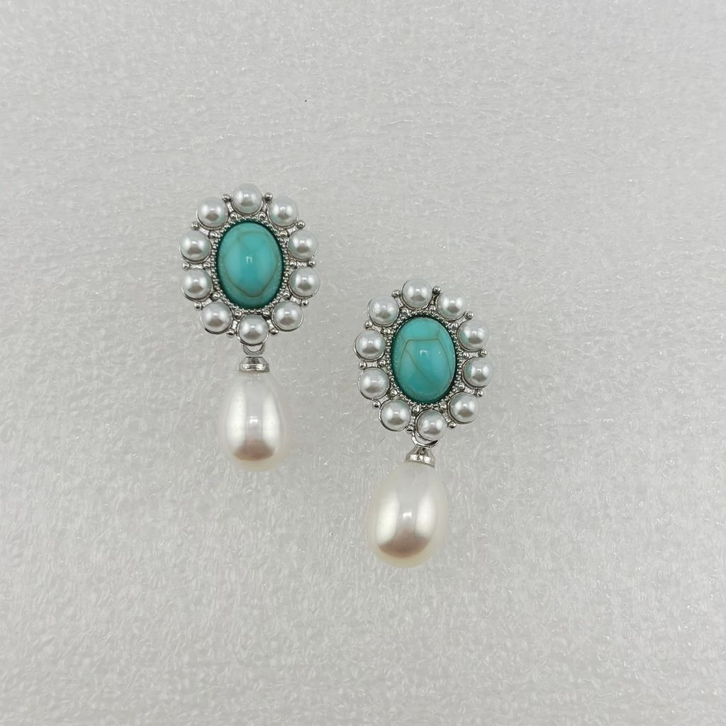 Bông Tai Ngọc Trai Tự Nhiên Mặt Turquoise Cổ Điển Viền Ngọc Trai Phong Cách Phương Đông Đính Tua Rua Hạt Ngọc Trai Giọt Nước Tự Nhiên MADAME HIEN PEARLS BTG091