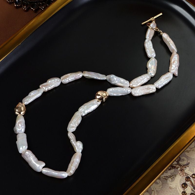 Designer Jewelry Vòng Cổ Choker Ngọc Trai Baroque Hình Que Phối Kim Loại Phong Cách Retro Pipa Đơn Giản MADAME HIEN PEARLS CB039