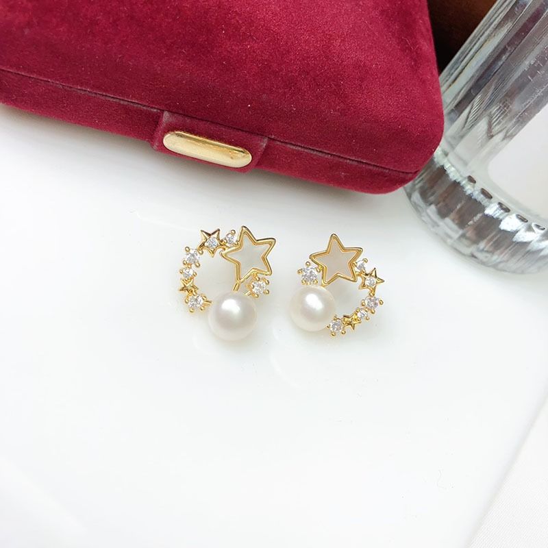 Bông Tai Ngọc Trai Tự Nhiên Mặt Chùm Ngôi Sao Tròn Phối Đá Zircon Đáng Yêu MADAME HIEN PEARLS Cho Nữ BTN279