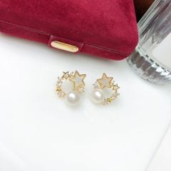 Bông Tai Ngọc Trai Tự Nhiên Mặt Chùm Ngôi Sao Tròn Phối Đá Zircon Đáng Yêu MADAME HIEN PEARLS Cho Nữ BTN279