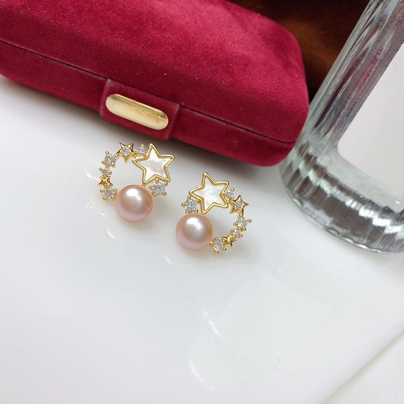 Bông Tai Ngọc Trai Tự Nhiên Mặt Chùm Ngôi Sao Tròn Phối Đá Zircon Đáng Yêu MADAME HIEN PEARLS Cho Nữ BTN279