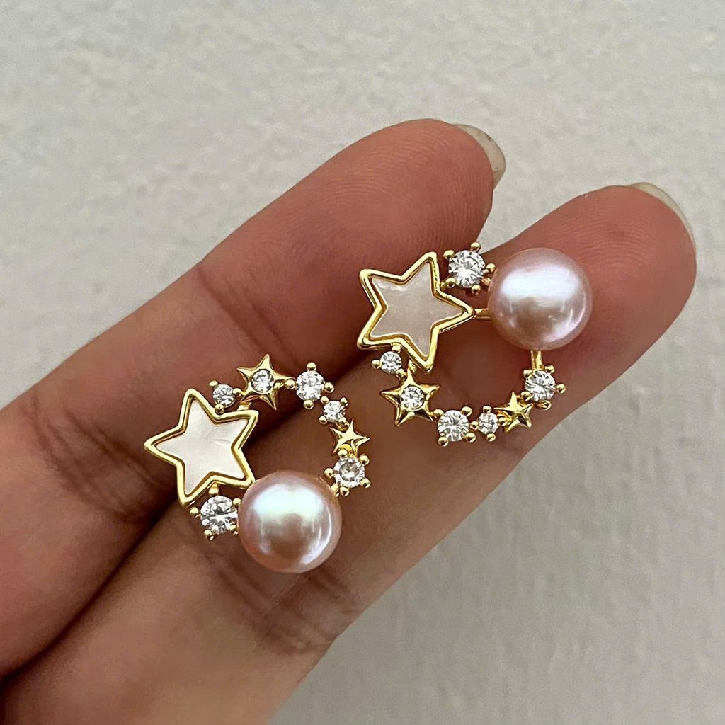 Bông Tai Ngọc Trai Tự Nhiên Mặt Chùm Ngôi Sao Tròn Phối Đá Zircon Đáng Yêu MADAME HIEN PEARLS Cho Nữ BTN279