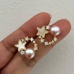 Bông Tai Ngọc Trai Tự Nhiên Mặt Chùm Ngôi Sao Tròn Phối Đá Zircon Đáng Yêu MADAME HIEN PEARLS Cho Nữ BTN279
