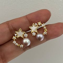 Bông Tai Ngọc Trai Tự Nhiên Mặt Chùm Ngôi Sao Tròn Phối Đá Zircon Đáng Yêu MADAME HIEN PEARLS Cho Nữ BTN279