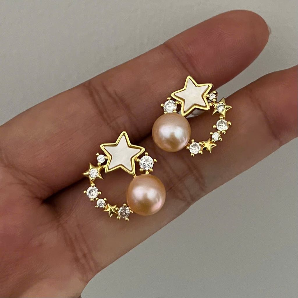 Bông Tai Ngọc Trai Tự Nhiên Mặt Chùm Ngôi Sao Tròn Phối Đá Zircon Đáng Yêu MADAME HIEN PEARLS Cho Nữ BTN279