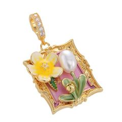 Dây Chuyền Mặt Tranh Sơn Dầu Khung Vuông Hoa Sứ Vàng Đính Ngọc Trai Tự Nhiên Phong Cách Pháp Retro MADAME HIEN PEARLS Cho Nữ MG040