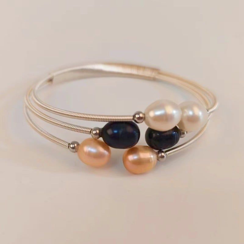 Vòng Tay Gọng Bạc Hở Đính Ngọc Trai Giọt Nước Kiểu Còng Cứng MADAME HIEN PEARL Thời Trang Freesize VTG004TRB