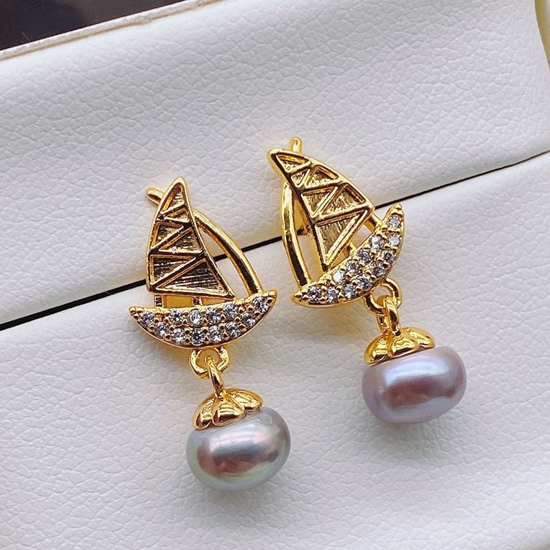 Bông Tai Ngọc Trai Thuyền Thuận Buồm Xuôi Gió Quà Tặng May Mắn Đáng Yêu Đính Ngọc Trai Tự Nhiên MADAME HIEN PEARLS