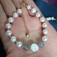 Vòng Tay Ngọc Trai Tự Nhiên Ngọc Bích Đính Hoa Hồng Xà Cừ MADAME HIEN PEARLS VTT047