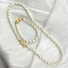 Bộ Set Ngọc Trai Gạo Gồm Vòng cổ + Vòng Tay Hạt Gạo Tự Nhiên 7-8mm Độ Bóng Cao AAA Khoá Nơ Cao Cấp MADAME HIEN PEARLS SCG006