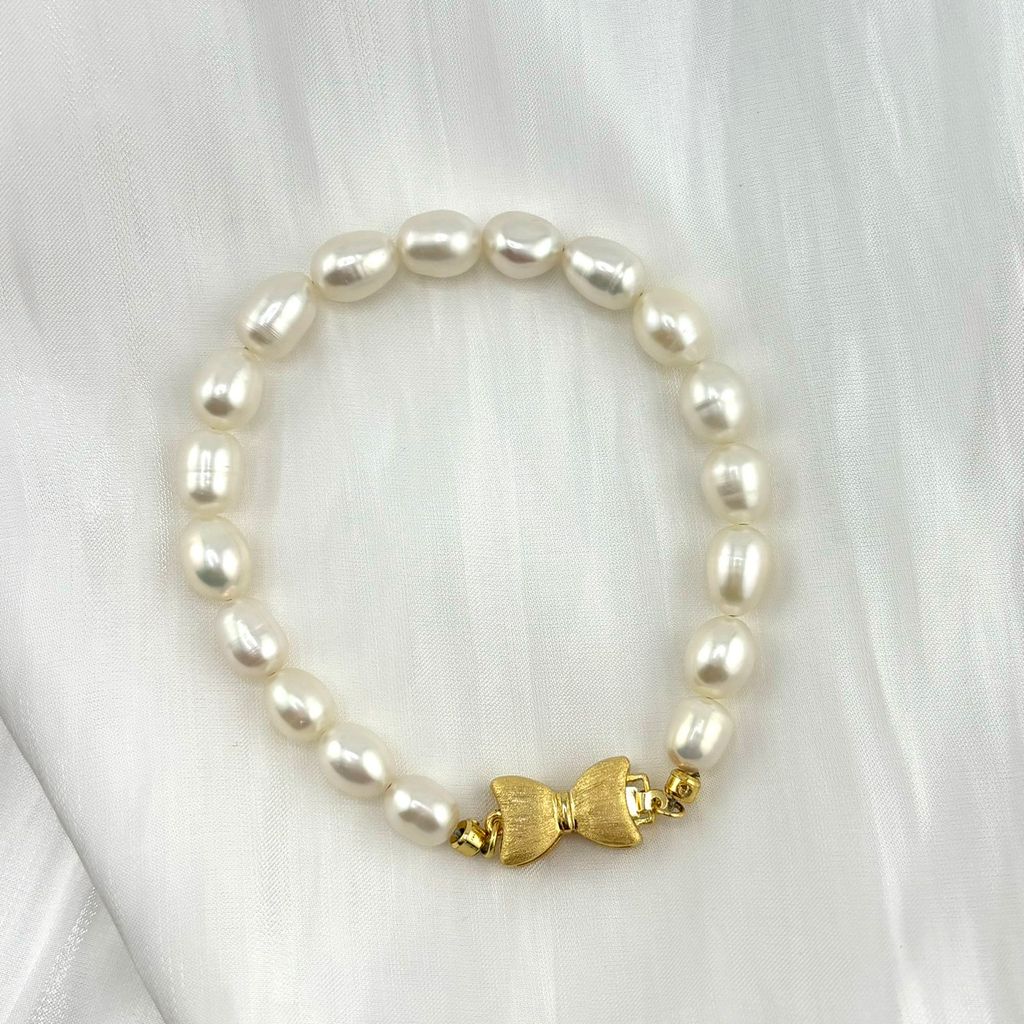 Bộ Set Ngọc Trai Gạo Gồm Vòng cổ + Vòng Tay Hạt Gạo Tự Nhiên 7-8mm Độ Bóng Cao AAA Khoá Nơ Cao Cấp MADAME HIEN PEARLS SCG006