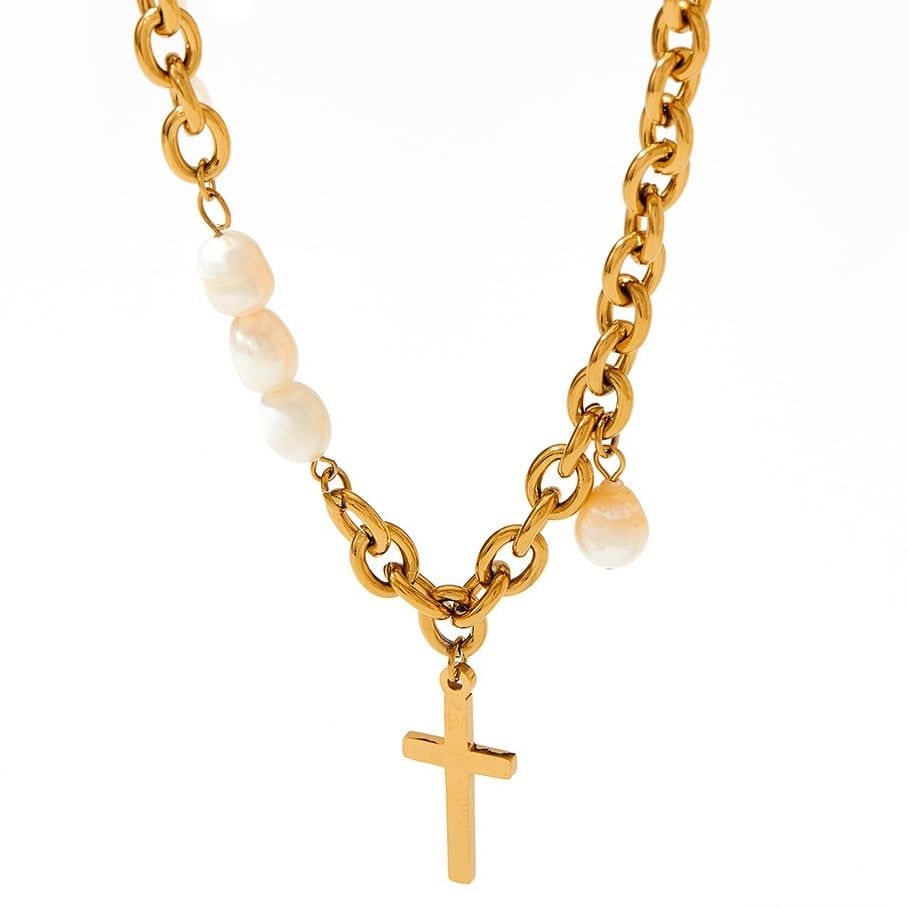 Bộ Vòng Cổ Chocker và Vòng Tay Dây Thép Mắc Xích Mặt Thánh Giá Phối Ngọc Trai Cá Tính Mạnh MADAME HIEN PEARLS SPS058A