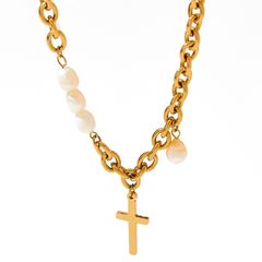 Bộ Vòng Cổ Chocker và Vòng Tay Dây Thép Mắc Xích Mặt Thánh Giá Phối Ngọc Trai Cá Tính Mạnh MADAME HIEN PEARLS SPS058A