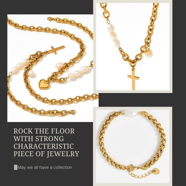 Bộ Vòng Cổ Chocker và Vòng Tay Dây Thép Mắc Xích Mặt Thánh Giá Phối Ngọc Trai Cá Tính Mạnh MADAME HIEN PEARLS SPS058A