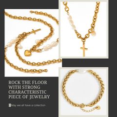 Bộ Vòng Cổ Chocker và Vòng Tay Dây Thép Mắc Xích Mặt Thánh Giá Phối Ngọc Trai Cá Tính Mạnh MADAME HIEN PEARLS SPS058A