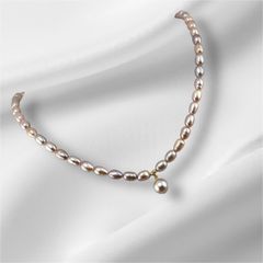 Vòng cổ Ngọc Trai Nuôi 7-8mm Hạt Gạo Tím Tự Nhiên Choker Mặt 1 Hạt 9-10mm CG006T