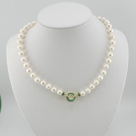 Vòng Cổ Ngọc Trai Tự Nhiên 9-10mm Khoá Xanh Ngọc Bích Sang Trọng Quý Phái MADAME HIEN PEARLS CT027