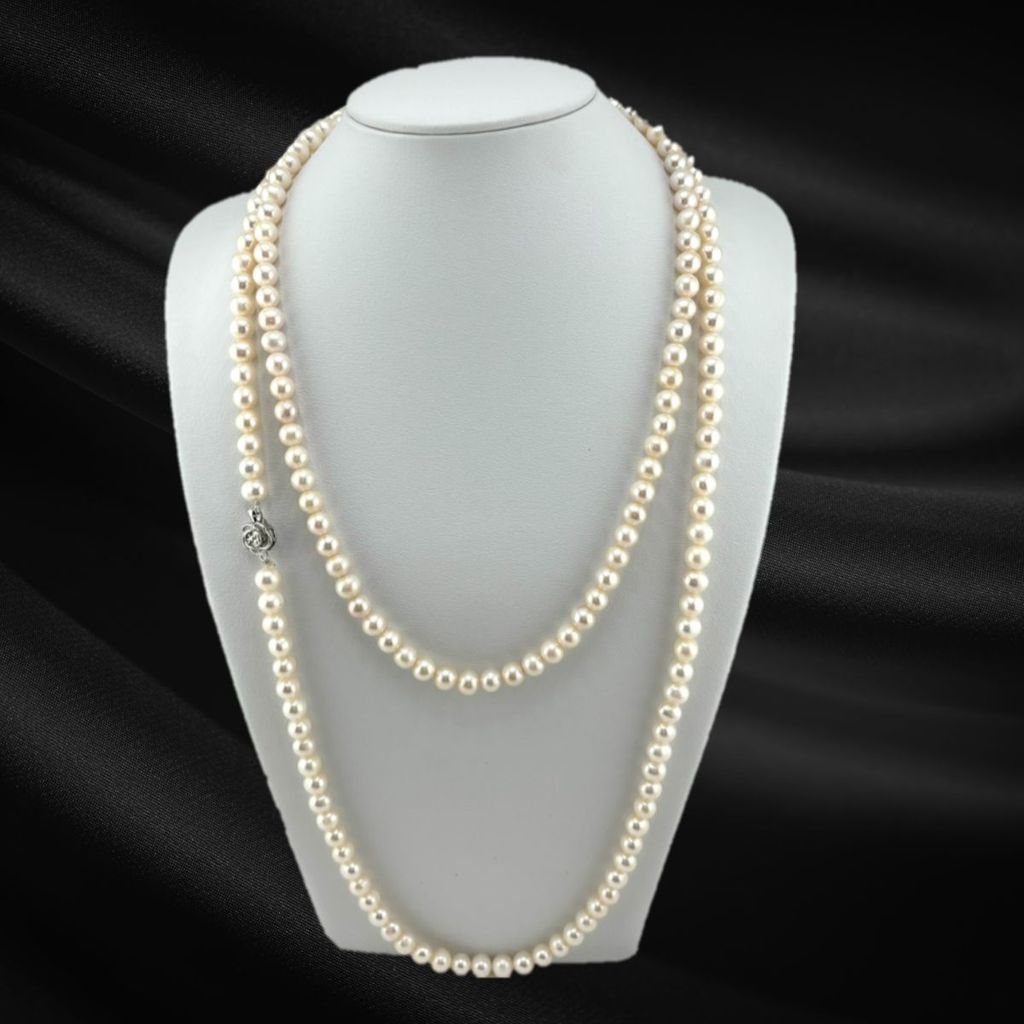 Vòng Cổ Ngọc Trai Gần Tròn Tự Nhiên Dài 130cm Khoá Hoa Hồng MADAME HIEN PEARLS CT039