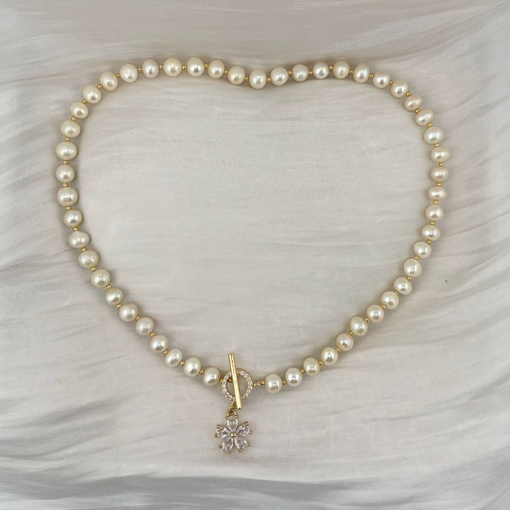 Vòng Cổ Ngọc Trai Tự Nhiên Khoá OT Hoa 5 Cánh Đính Pha Lê MADAME HIEN PEARLS Đáng Yêu Cho Nữ CT048