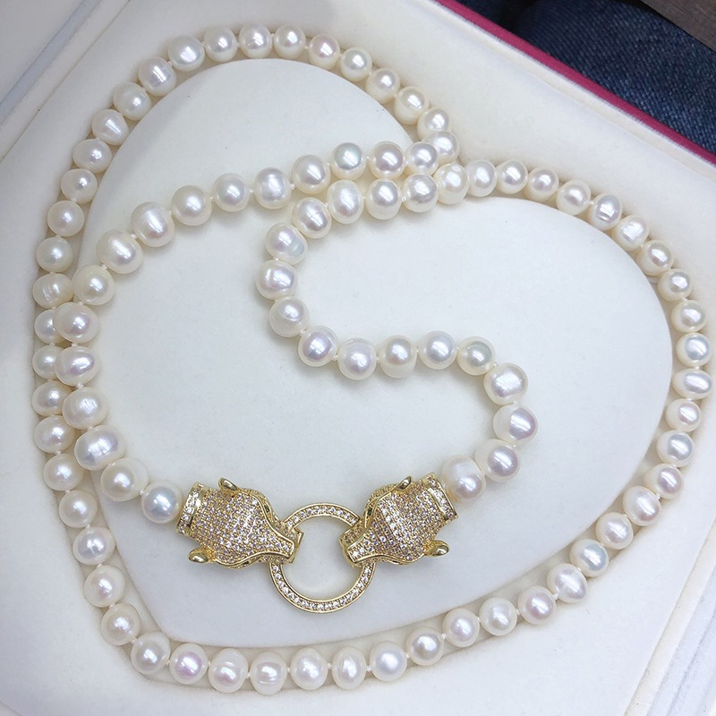 Vòng Cổ Ngọc Trai Tự Nhiên Dài 80cm Khoá Đôi Đầu Báo Cool Ngầu MADAME HIEN PEARLS Cho Nữ CT059