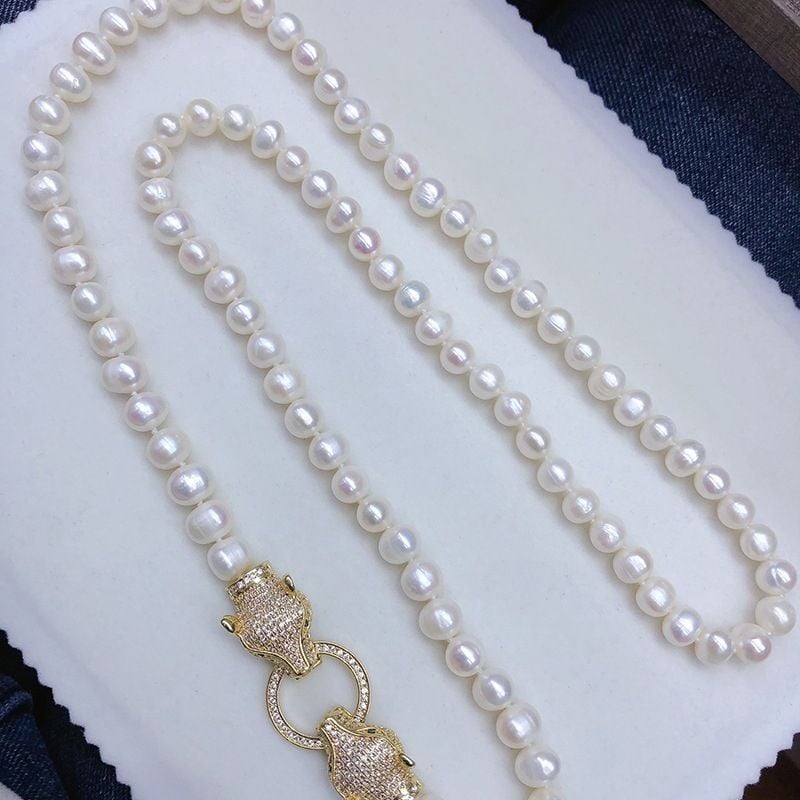 Vòng Cổ Ngọc Trai Tự Nhiên Dài 80cm Khoá Đôi Đầu Báo Cool Ngầu MADAME HIEN PEARLS Cho Nữ CT059