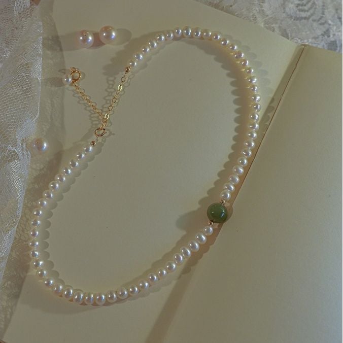 Vòng Cổ Ngọc Trai Mặt Hạt Cẩm Thạch Bi Tròn Sang Trọng MADAME HIEN PEARLS Tối Giản Cho Nữ CT034