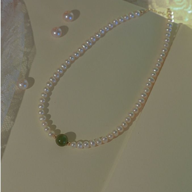 Vòng Cổ Ngọc Trai Mặt Hạt Cẩm Thạch Bi Tròn Sang Trọng MADAME HIEN PEARLS Tối Giản Cho Nữ CT034