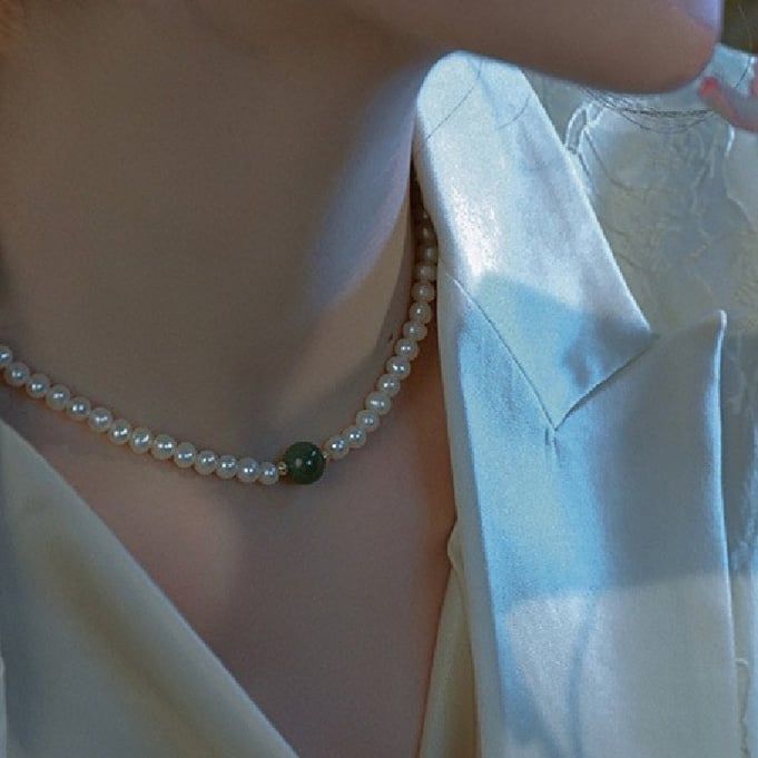 Vòng Cổ Ngọc Trai Mặt Hạt Cẩm Thạch Bi Tròn Sang Trọng MADAME HIEN PEARLS Tối Giản Cho Nữ CT034