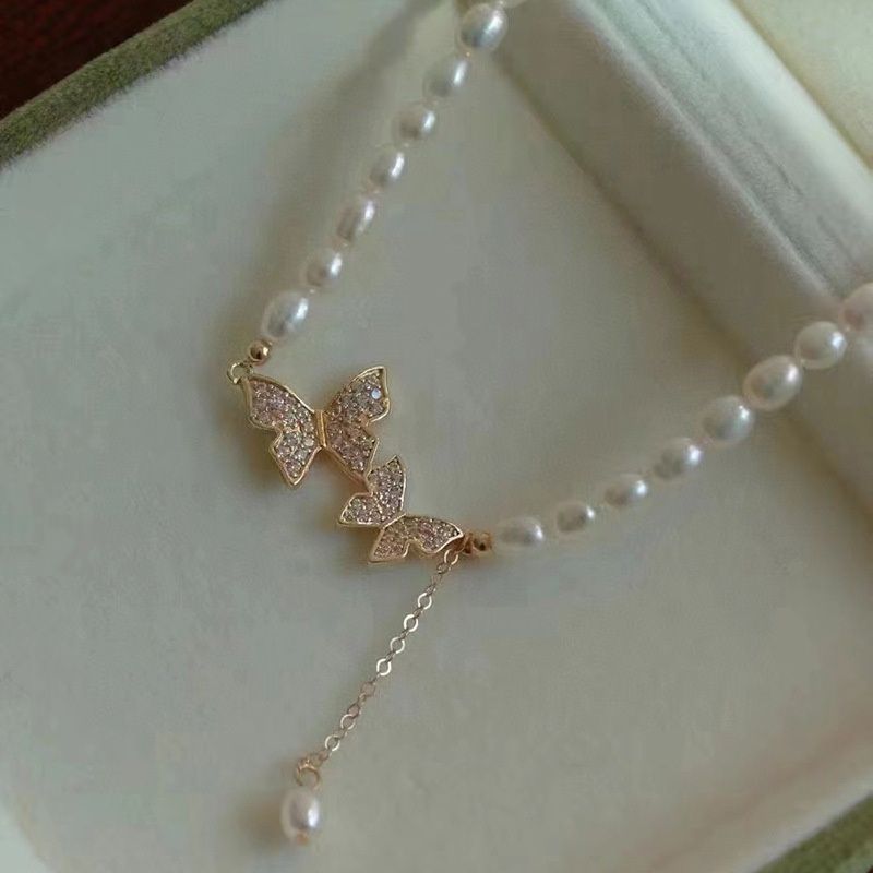 Vòng cổ Ngọc Trai Nuôi Hạt Gạo Tự Nhiên Choker Hình Nơ Bướm 5-6mm CG003
